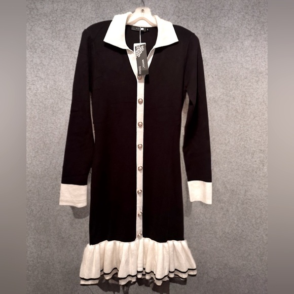 NEW Woman’s Elegant Long Sleeved Dress Skirted Bottom Black/ White Size M - Picture 1 of 6